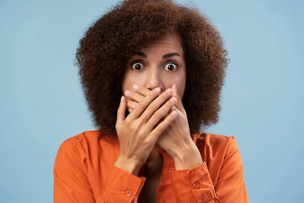 Afro Hairstyle Woman Closing Mouth Scream Feeling Frightened Terrified Eyes — Stockfoto