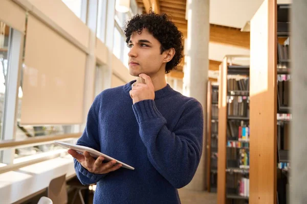 Pensive Latin American Man Smart University Graduate Student Holding Digital — Stock Photo, Image