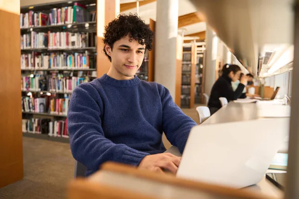 Latin American Male Student Using Laptop Focused Working Diploma Project — Stock Photo, Image