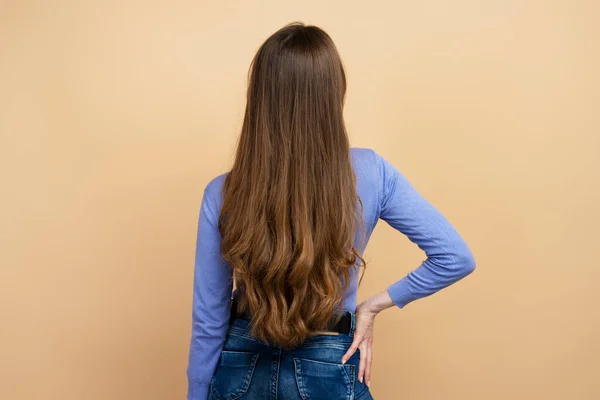 健康的な長い髪を持つ魅力的なブルネットの女性のバックビューはベージュの背景に孤立した画像のためにポーズ ヘアケアのコンセプト — ストック写真