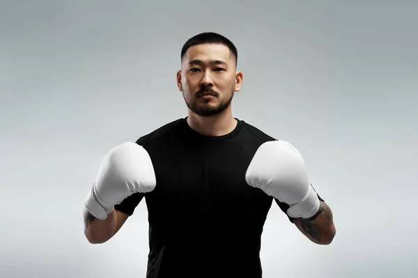Portrait Handsome Korean Man Wearing White Boxing Gloves Standing Isolated — Stock Photo, Image
