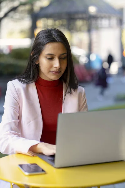 Confident Stylish Indian Woman Freelancer Using Laptop Computer Planning Project — Stock Photo, Image