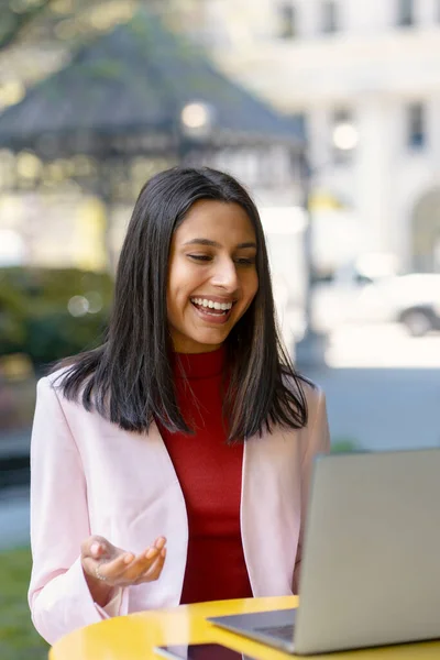 Confident Smiling Indian Woman Using Laptop Computer Explaining Something Having — Stock Photo, Image