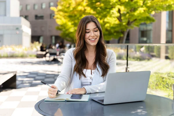 Cheerfull Businesswoman Working Online Having Video Call Using Laptop Sitting — Stock Photo, Image
