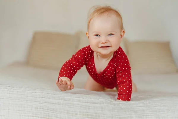 Hermoso Sonriente Bebé Arrastrándose Cama Sala Estar Casa Positivo Niño —  Fotos de Stock