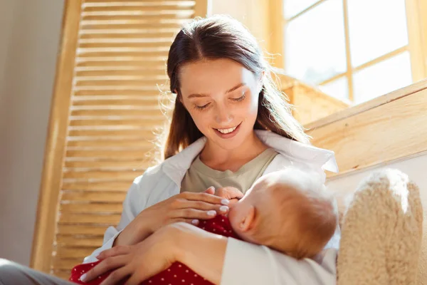 Portrait Smiling Mother Holding Her Little Cute Baby Breastfeeding Home — Stock Photo, Image