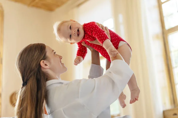 Portrait Smiling Young Mother Holding Playing Her Little Baby Sitting — Stock Photo, Image