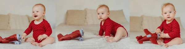 Collage Aus Drei Fotos Porträt Eines Süßen Babys Das Auf — Stockfoto