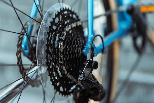 Closeup Foco Seletivo Roda Engrenagem Com Cadeia Roda Bicicleta Detalhe — Fotografia de Stock