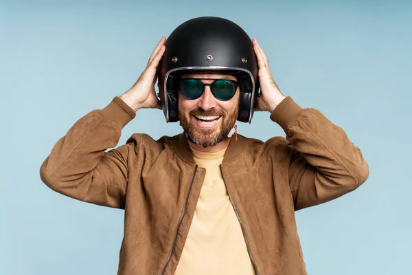 Joyful Smiling Bearded Man Biker Stylish Eyeglasses Leather Jacket Holding — Stock Photo, Image