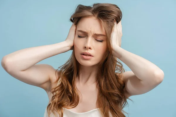 Closeup Tired Woman Long Hair Headache Migraine Holding Her Head — Stock Photo, Image
