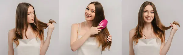 Collage Beautiful Smiling Caucasian Woman Brushing Her Hair Looking Mirror — Stock Photo, Image