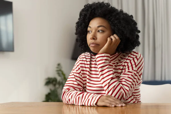 Sad Attractive Curly African American Woman Wearing Casual Clothes Looking — Stock Photo, Image
