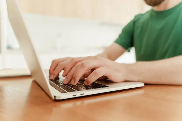 Copywriter Typing Forum Writer Using Laptop Manager Working Computer Sitting — Stock Photo, Image