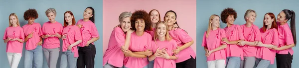 Smiling women with pink ribbon hugging isolated on background. Breast cancer awareness month concept
