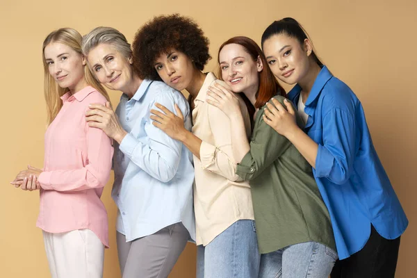 Group Beautiful Smiling Multiracial Women Wearing Shirts Isolated Beige Background — Stock Photo, Image