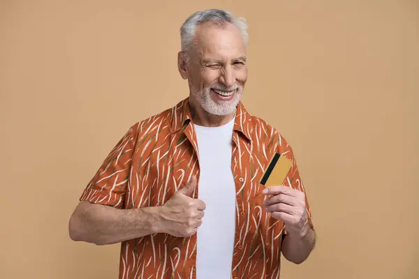 Caucasian Senior Man Positive Retired Pensioner Tourist Traveller Orange Shirt — Stock Photo, Image