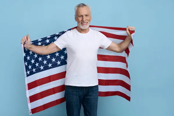 Handsome Smiling Gray Haired Senior Man Holding American Flag Isolated — Stock Photo, Image