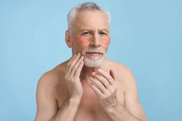 Handsome Gray Haired Senior Man Wearing Hydrogel Patches Eyes Looking — Stock Photo, Image