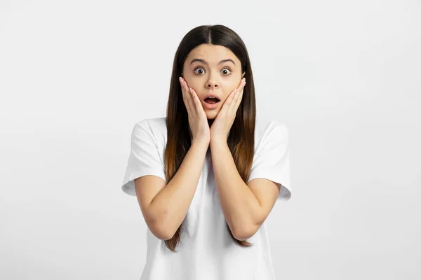 Attractive Excited Teenage Girl Wearing White Shirt Looking Camera Isolated — Stock Photo, Image