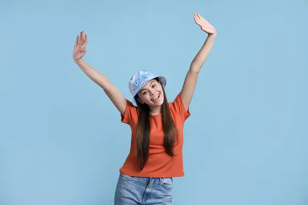 Lovely Teen Girl Orange Shirt Stylish Blue Panama Hat Smiles — Stock Photo, Image
