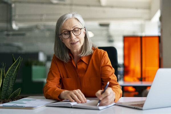 Confident mature woman, writer using laptop computer, taking notes, working project in modern office. 60 years old female, financier working at workplace. Successful business