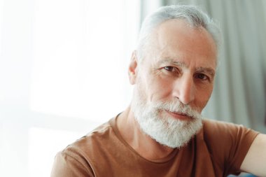 Kahverengi tişörtlü, sakallı, kameraya bakan yakışıklı, son sınıf öğrencisi portresi. Resim için poz veren yakışıklı bir erkek model. Reklam kavramı, müşteri hizmetleri