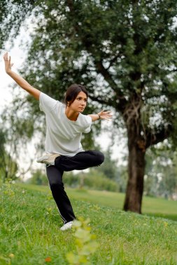 Spor kıyafetleri giymiş, parkta Wushu çalışan ciddi bir kadının portresi. Sağlıklı yaşam tarzı, kung fu, dövüş sanatları konsepti