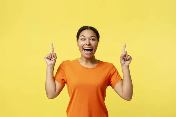 Portrait Attractive Confident African American Woman Pointing Finger Isolated Yellow — Stock Photo, Image