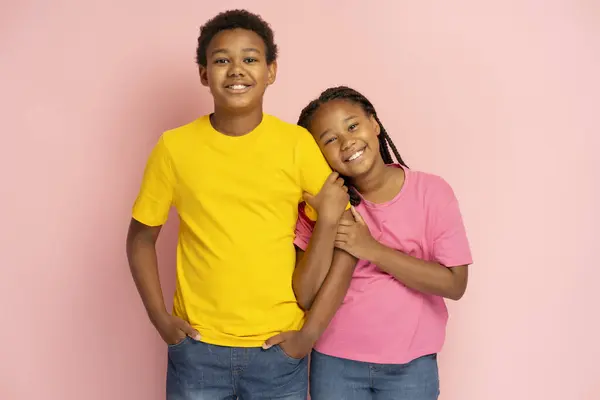 Porträt Lächelnder Afroamerikanischer Kinder Bruder Und Schwester Vereint Auf Rosa — Stockfoto