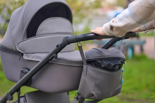 Close Stylish Modern Baby Waterproof Windproof Eco Leather Stroller Gray — Stock Photo, Image
