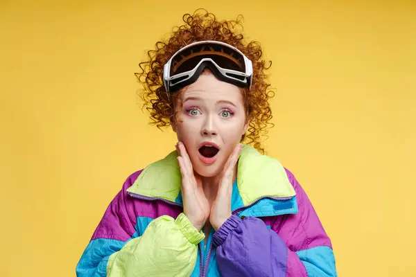 Excited Attractive Curly Woman Wearing Protective Ski Goggles Ski Overalls — Stock Photo, Image