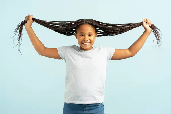 Portrait Positive Happy African Girl Holding Her Beautiful Long Hair — Stock Photo, Image