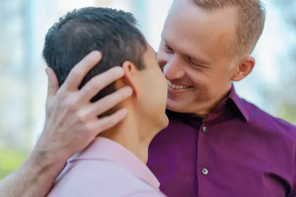 Portrait Homosexual Couple Two Gay Men Hugging Kissing Park Closeup — Stock Photo, Image