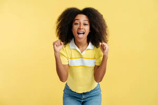 Portrait Smiling African American Woman Curly Hair Wearing Casual Clothes — Stock Photo, Image