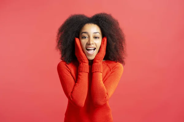Beautiful Excited African American Woman Wearing Winter Gloves Warm Sweater — Stock Photo, Image