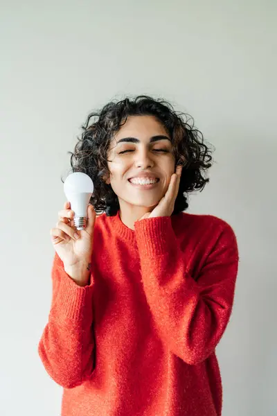 Vertical View Surprised Middle Eastern Woman Holding Light Bulb Closed — Stock Photo, Image