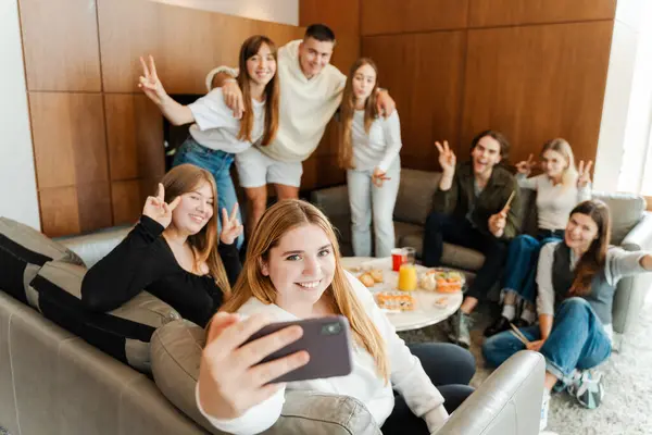 Happy Friends Taking Selfie While Gathering Birthday Celebration Blonde Woman — Stock Photo, Image