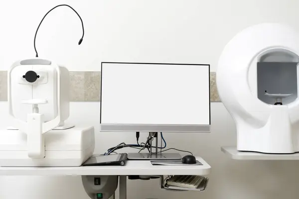 オプトメトリー装置およびワーク テーブルが付いている光学者のキャビネット 医療コンセプト — ストック写真