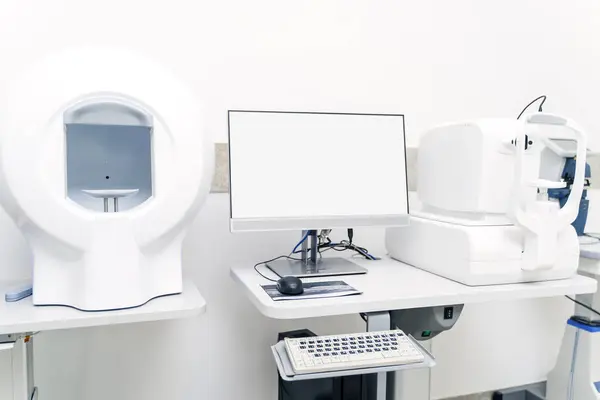 Modern device in clinic. Ophthalmic equipment. Medical laboratory. Health care, technology concept