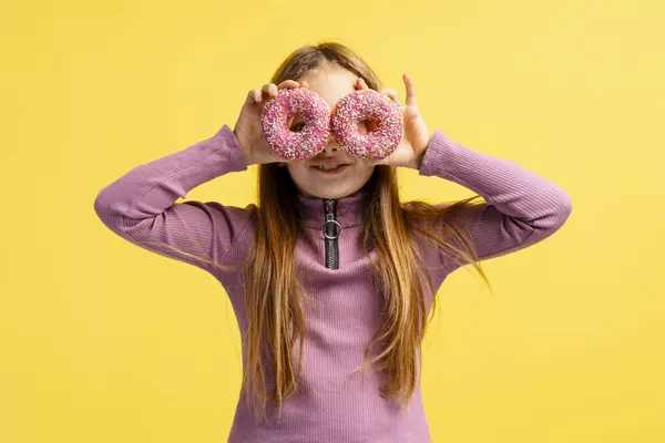 Portrait Smiling Little Girl Holding Pink Donut Looking Camera Isolated — Stock Photo, Image