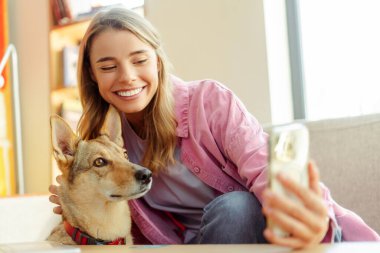 Gülümseyen genç bir kadın, elinde cep telefonu, evinde sevimli bir köpekle selfie çekiyor. Teknoloji konsepti 