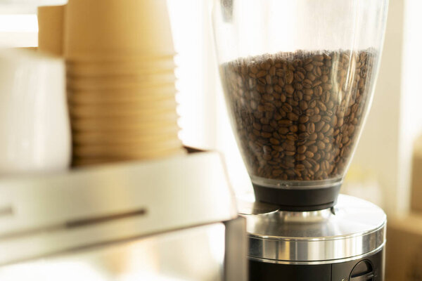 Coffee equipment, coffee grinder, cups, coffee preparation, barista. Coffee concept