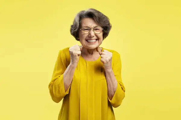 Funny Emotional Senior Woman Happy Modern Grandmother Holding Hands Celebration — Stock Photo, Image