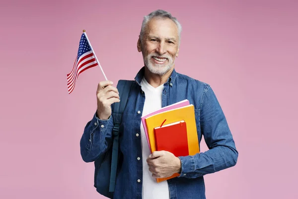 Portrait Smiling Confident Senior Man Holding American Flag Isolated Background — Stock Photo, Image