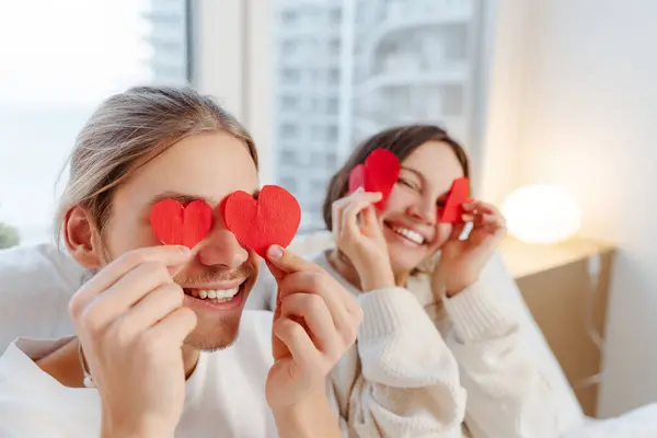 Portrait Happy Couple Holding Paper Hearts Face Celebration Together Valentine — Stock Photo, Image