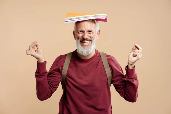 Portrait Smiling Bearded Man Student Wearing Backpack Holding Notebooks Books — Stock Photo, Image