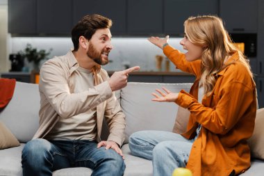 Kızgın mutsuz bir çiftin portresi, kavga eden erkek ve kadın, evdeki kanepede yüksek sesle bağırarak el kol hareketi yapıyorlar. Küfürlü ilişkiler kavramı