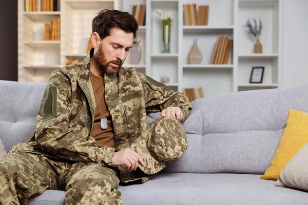 Soldier Facing Homecoming Challenges Concept Distraught Man Ukrainian Military Gear — Stock Photo, Image
