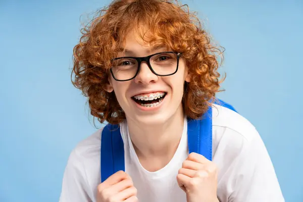 Portrait Smiling Boy Teenager Student Dental Braces Wearing Stylish White — Stock Photo, Image